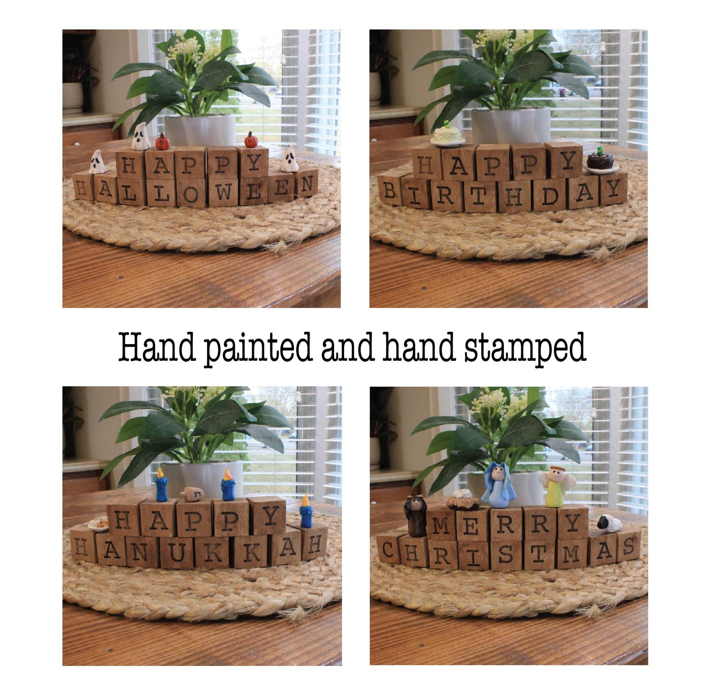 Edmonston Studios Celebration Block Set – 20 Hand-Painted Seasonal Wood Blocks with 12 Holiday Messages for Year-Round Decor