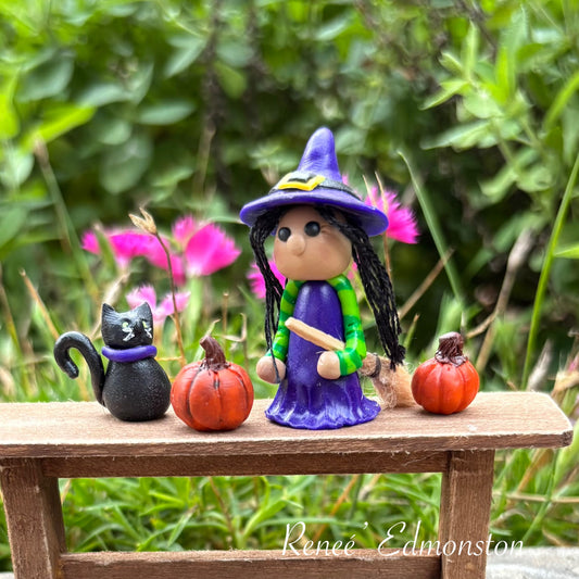 Handmade Miniature Witch, Broom, Cat & Pumpkin Set 1:12 Scale Dollhouse Decor