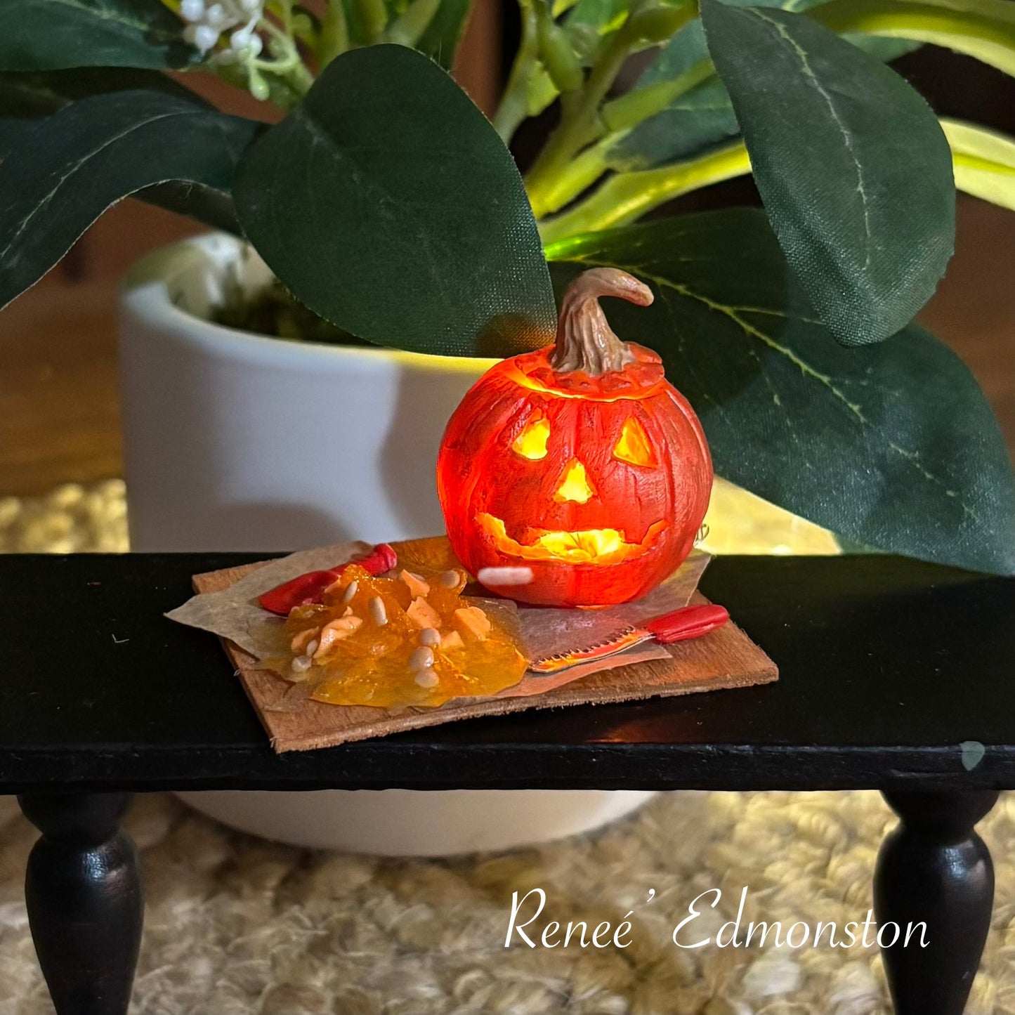 Miniature Carved Pumpkin Jack O Lantern Board with Pumpkin Guts, Knife & Spoon 1:12 Scale Halloween Dollhouse Décor