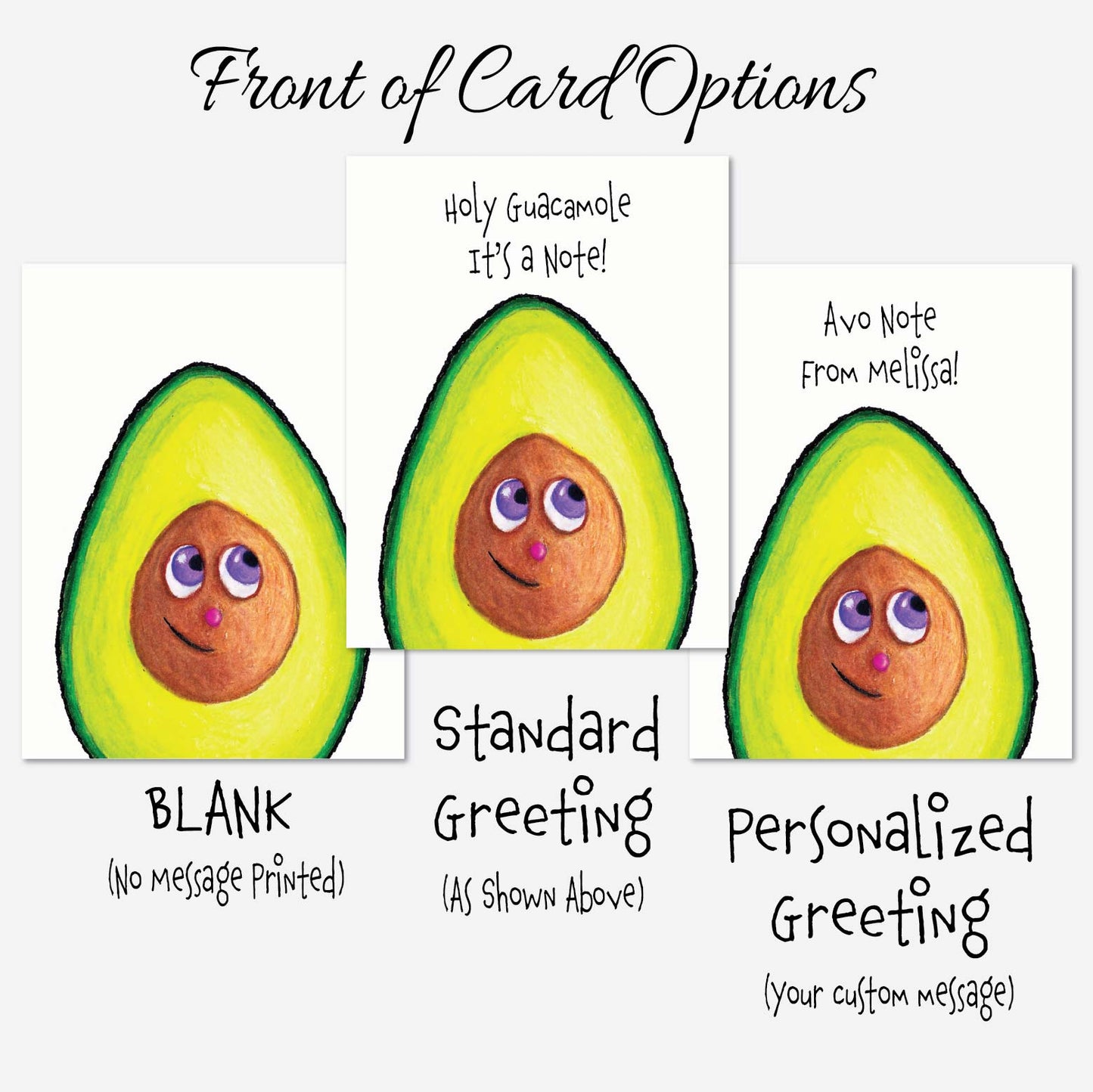 Set of six avocado notecards featuring original avocado illustrations

