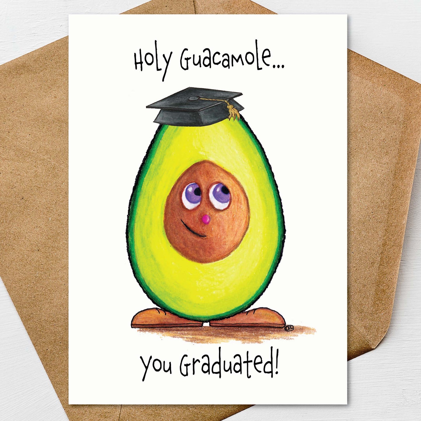 Avocado Graduation Card A7 5x7 on Textured Linen | Blank, Standard Greeting, or Personalized