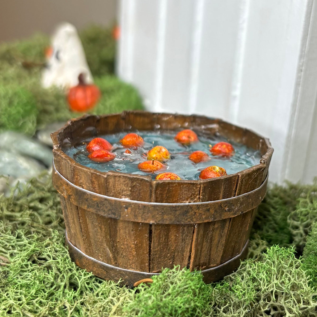 1:12 Scale Miniature Bobbing for Apples Tub – Handmade Halloween Fall Dollhouse Miniature – Rustic Apple Barrel with Resin Water