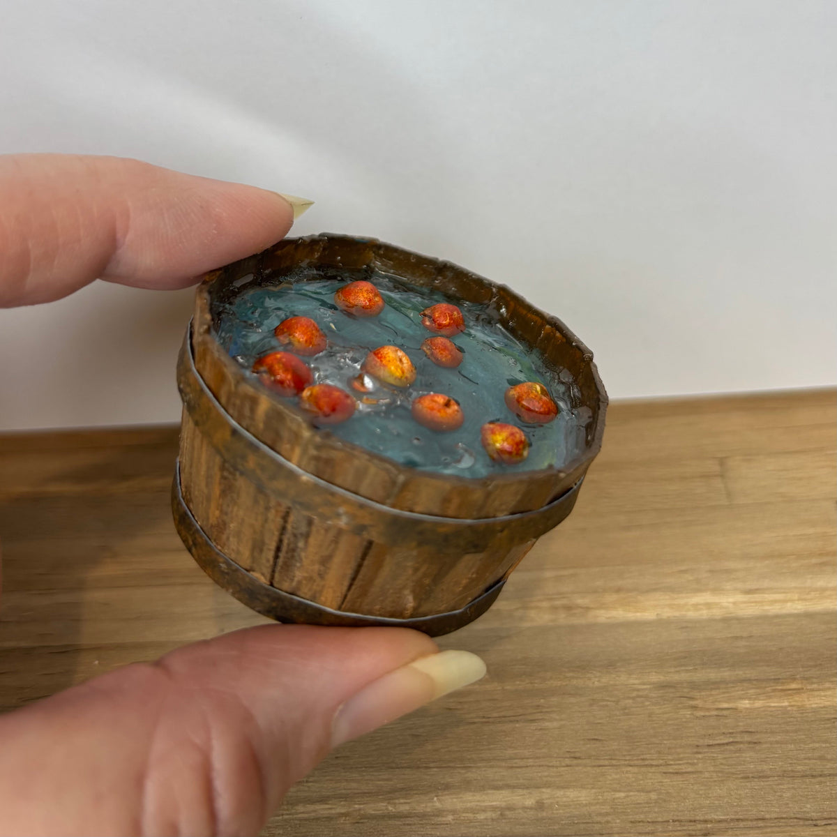 1:12 Scale Miniature Bobbing for Apples Tub – Handmade Halloween Fall Dollhouse Miniature – Rustic Apple Barrel with Resin Water