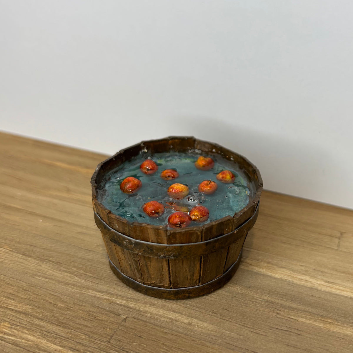 1:12 Scale Miniature Bobbing for Apples Tub – Handmade Halloween Fall Dollhouse Miniature – Rustic Apple Barrel with Resin Water