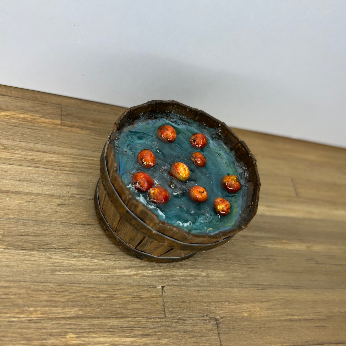 1:12 Scale Miniature Bobbing for Apples Tub – Handmade Halloween Fall Dollhouse Miniature – Rustic Apple Barrel with Resin Water
