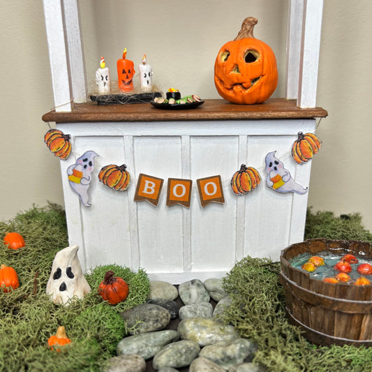 Halloween Dollhouse Miniature BOO Garland Banner, 1:12 Scale Ghost and Pumpkin Bunting, Handmade Halloween Decor