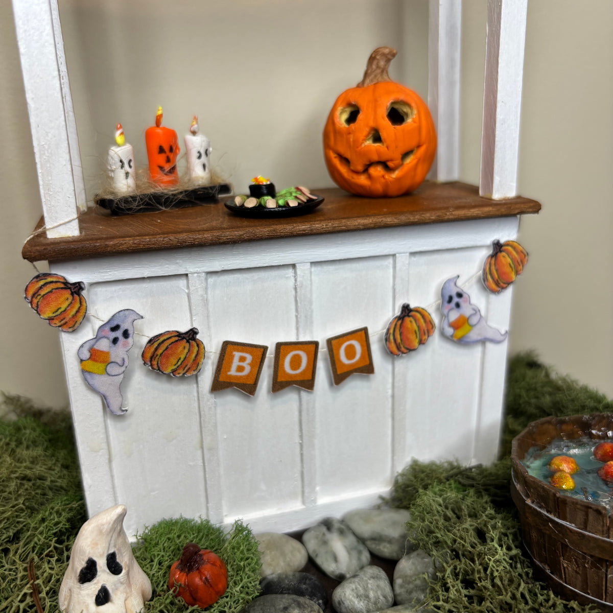 Halloween Dollhouse Miniature BOO Garland Banner, 1:12 Scale Ghost and Pumpkin Bunting, Handmade Halloween Decor