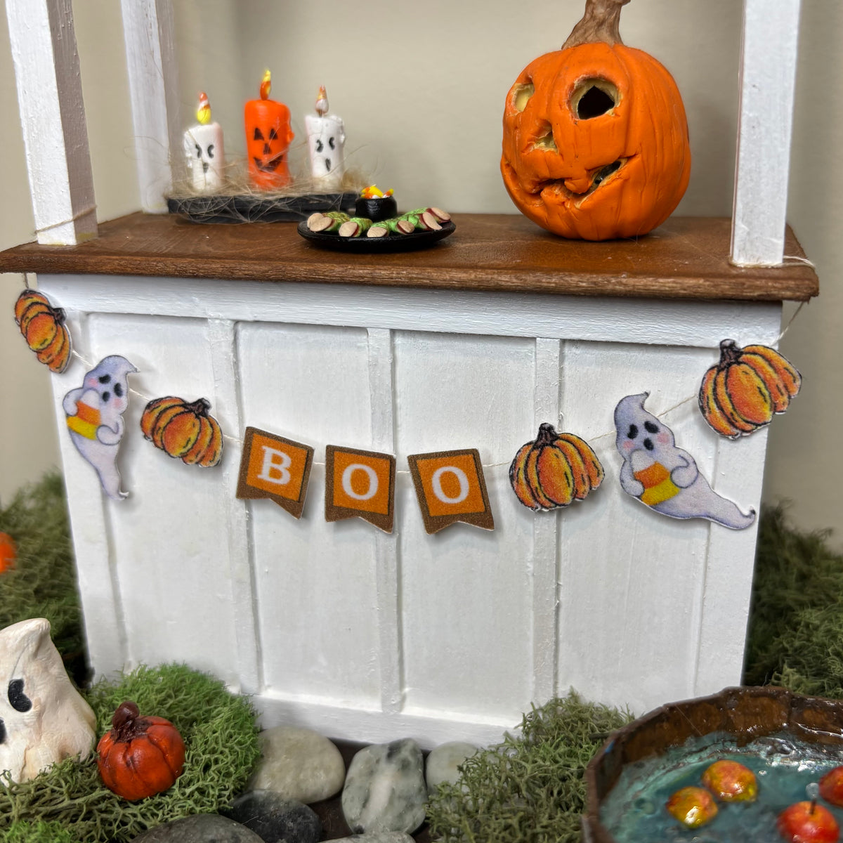 Halloween Dollhouse Miniature BOO Garland Banner, 1:12 Scale Ghost and Pumpkin Bunting, Handmade Halloween Decor