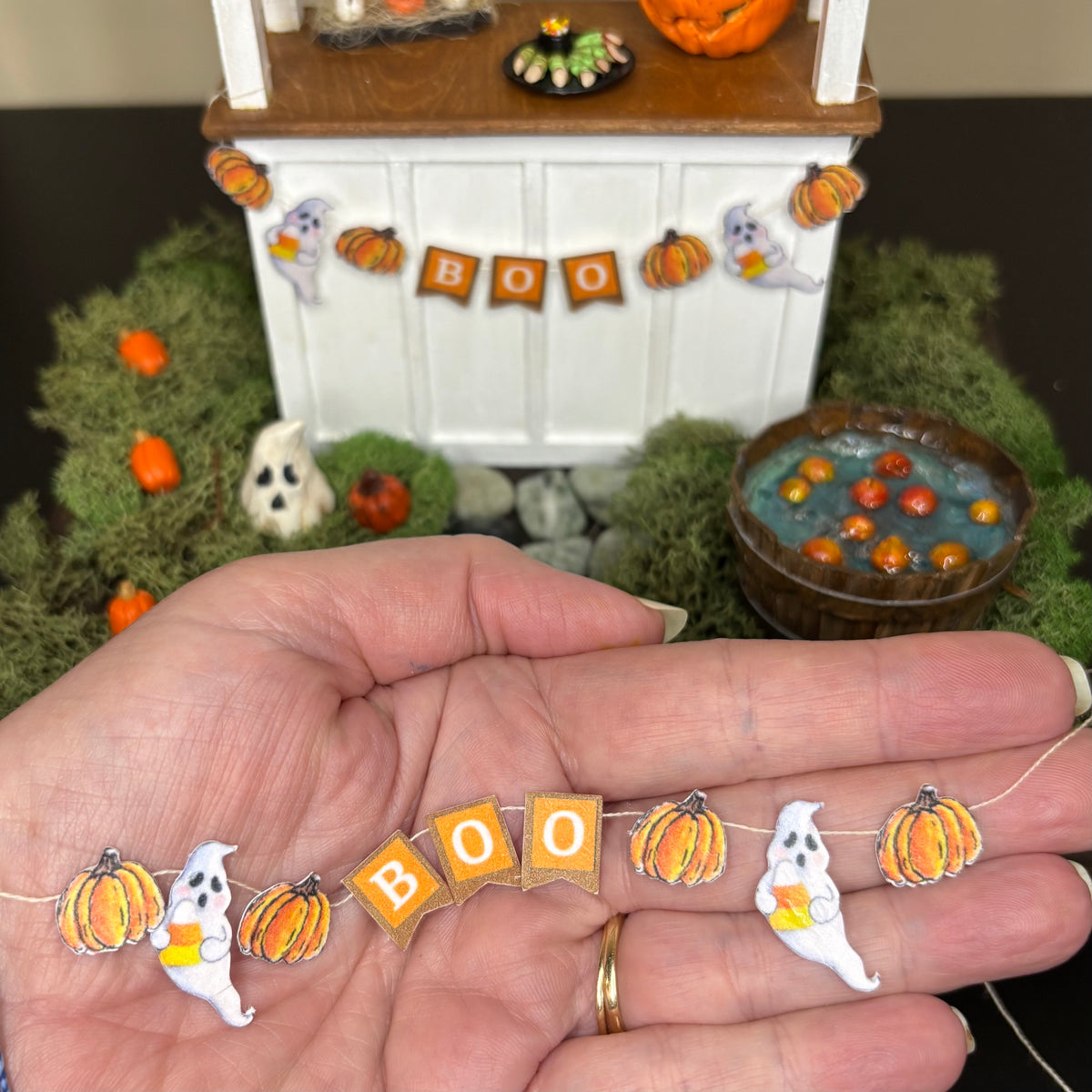 Halloween Dollhouse Miniature BOO Garland Banner, 1:12 Scale Ghost and Pumpkin Bunting, Handmade Halloween Decor