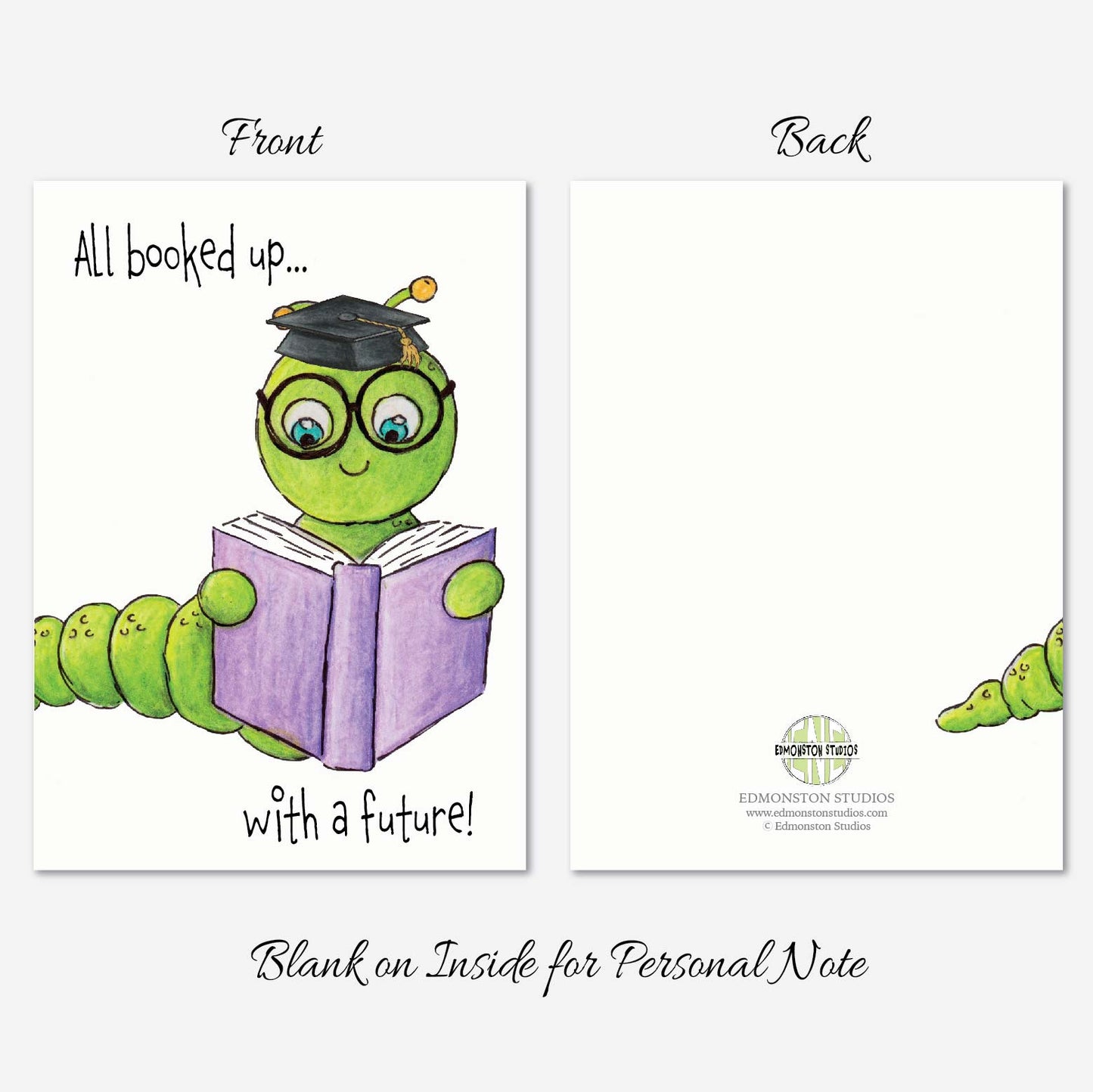 Bookworm Graduation Card A7 5x7 on Textured Linen | Blank, Standard Greeting, or Personalized