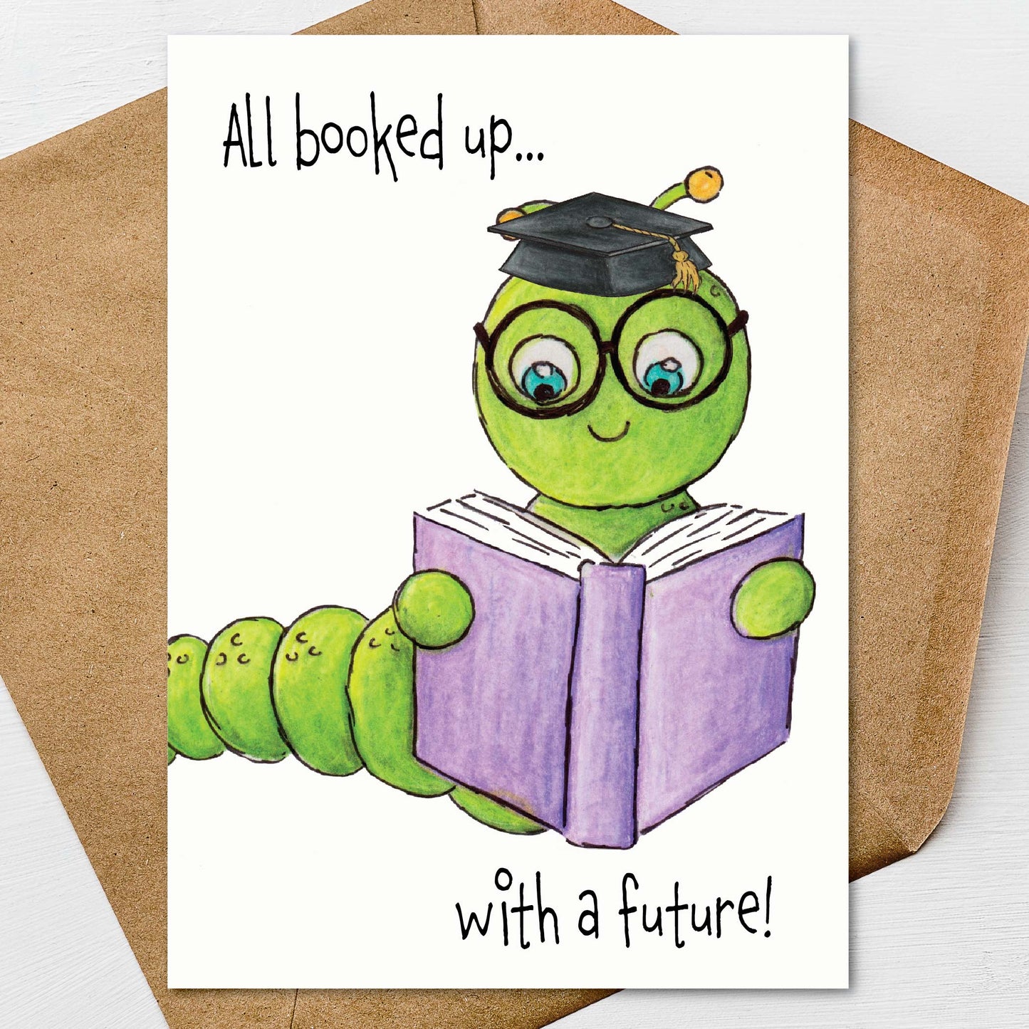 Bookworm Graduation Card A7 5x7 on Textured Linen | Blank, Standard Greeting, or Personalized