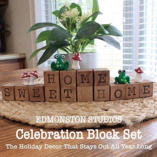 Edmonston Studios Celebration Block Set – 20 Hand-Painted Seasonal Wood Blocks with 12 Holiday Messages for Year-Round Decor