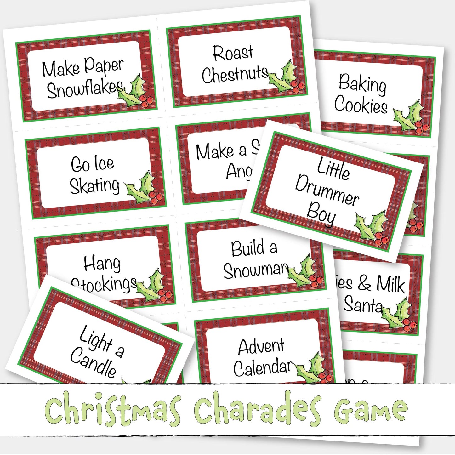 Christmas Charades and Doodle Draw Pictionary Game Printable Activity Instant Download 80 Cards