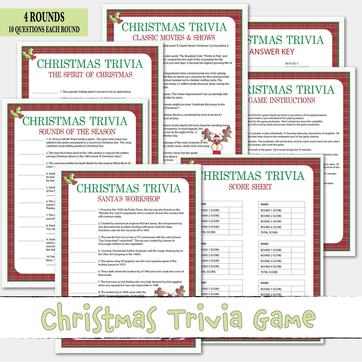 Christmas Trivia Game 4 Rounds 40 Questions Complete Printable Game Activity Kit
