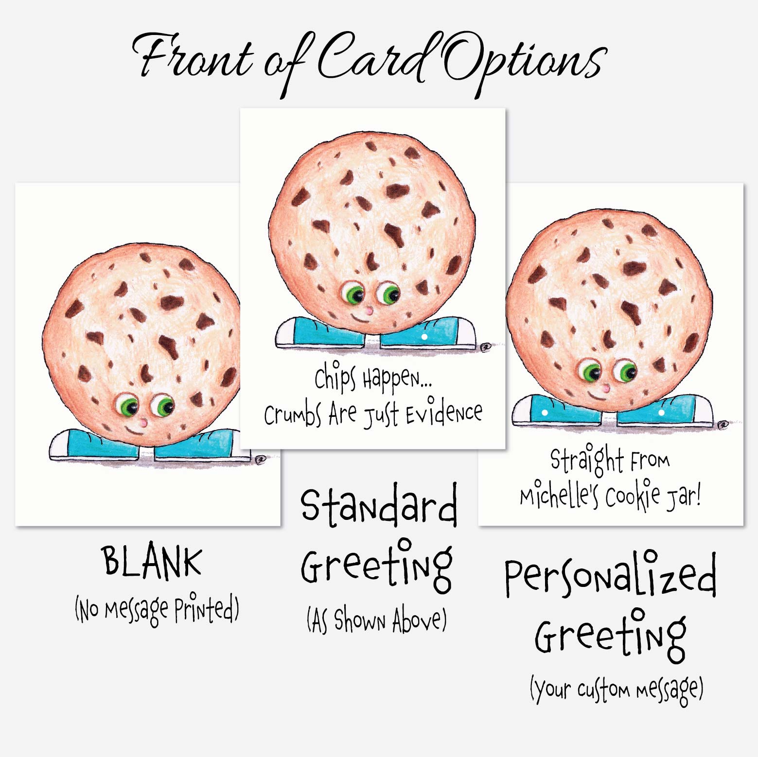 Close up of hand illustrated chocolate chip cookie notecard with whimsical cookie character
