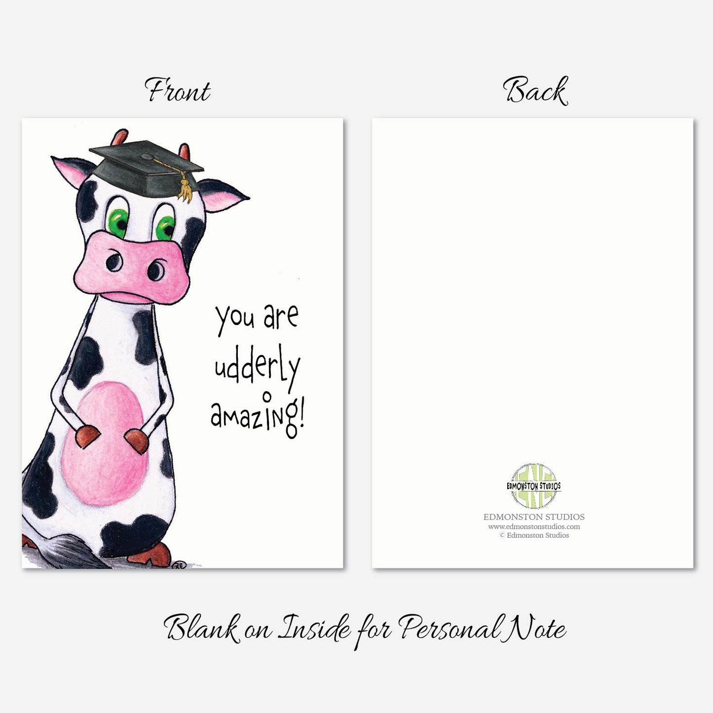 Cow Graduation Card A7 5x7 on Textured Linen | Blank, Standard Greeting, or Personalized