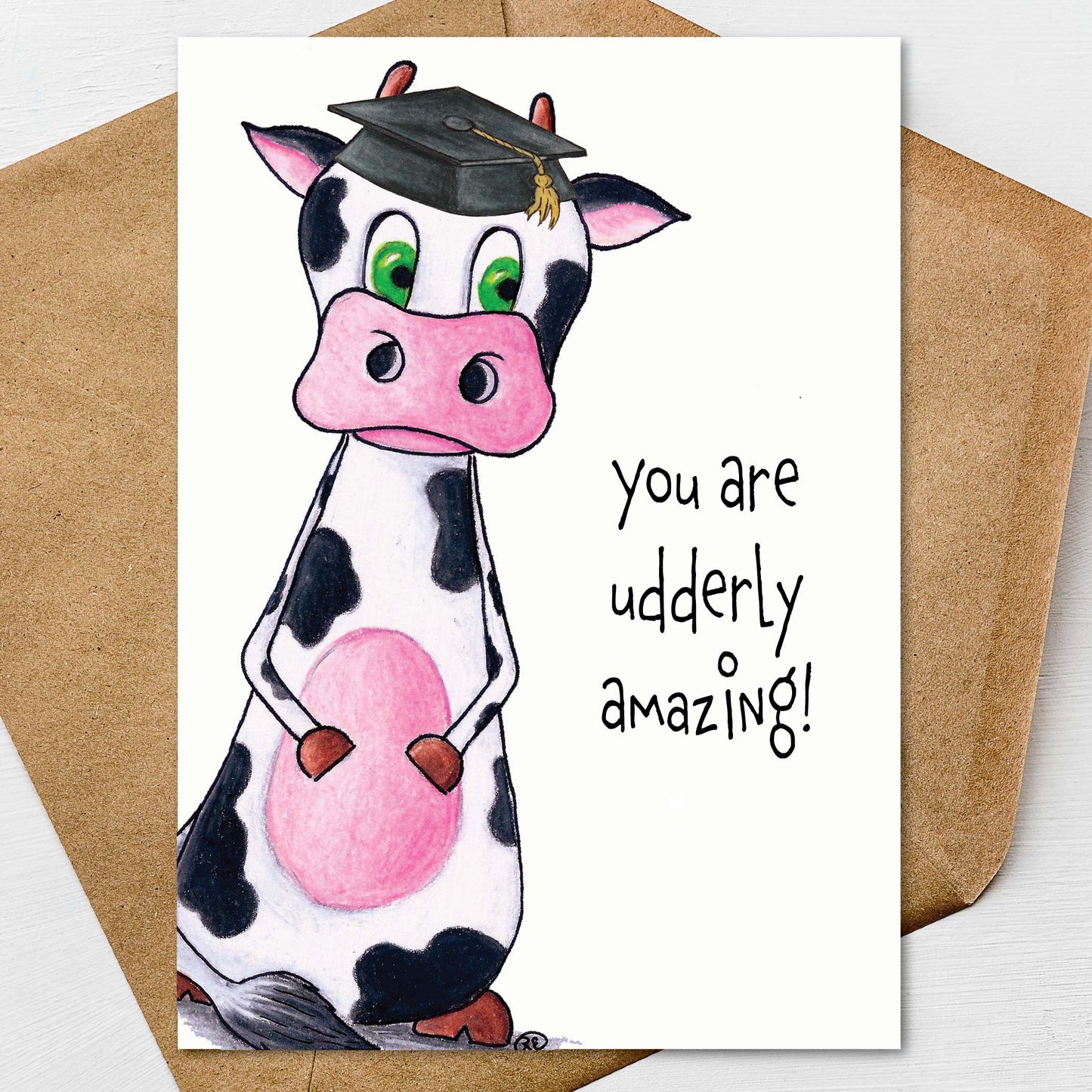 Cow Graduation Card A7 5x7 on Textured Linen | Blank, Standard Greeting, or Personalized