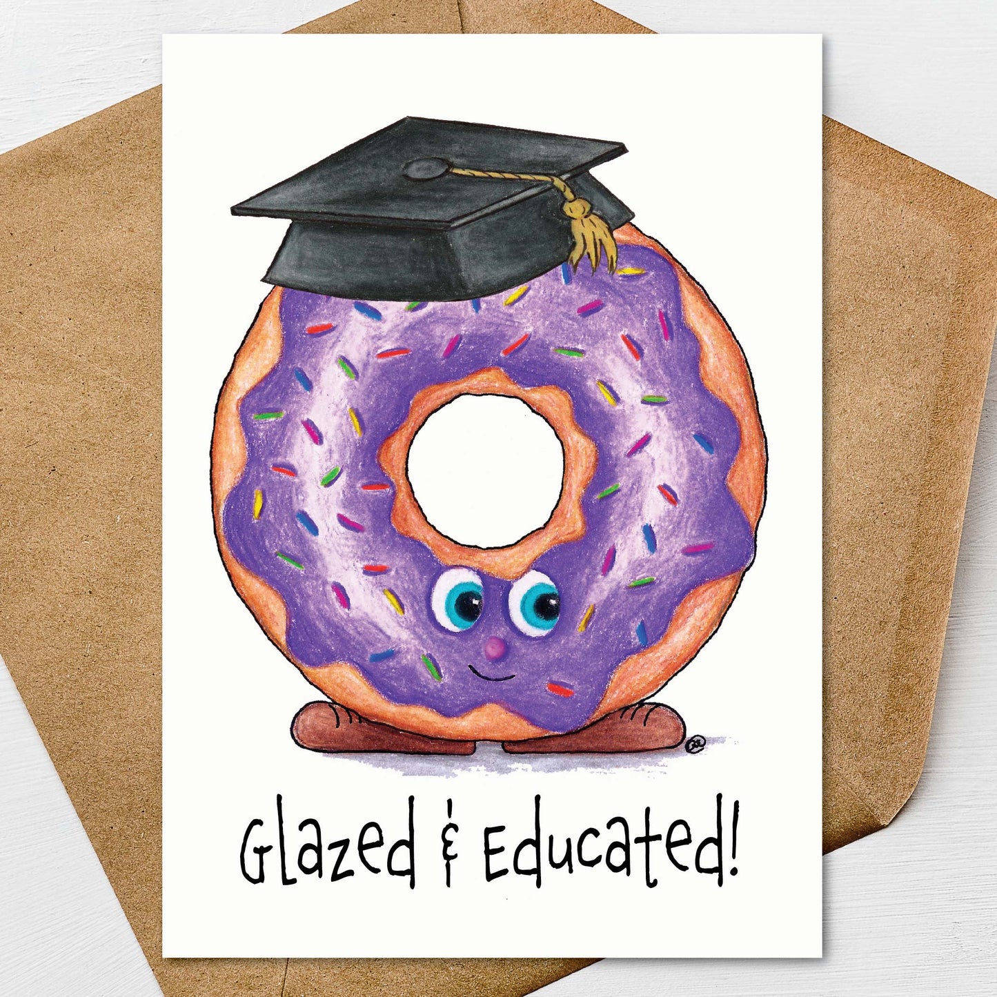 Donut Graduation Card A7 5x7 on Textured Linen | Blank, Standard Greeting, or Personalized
