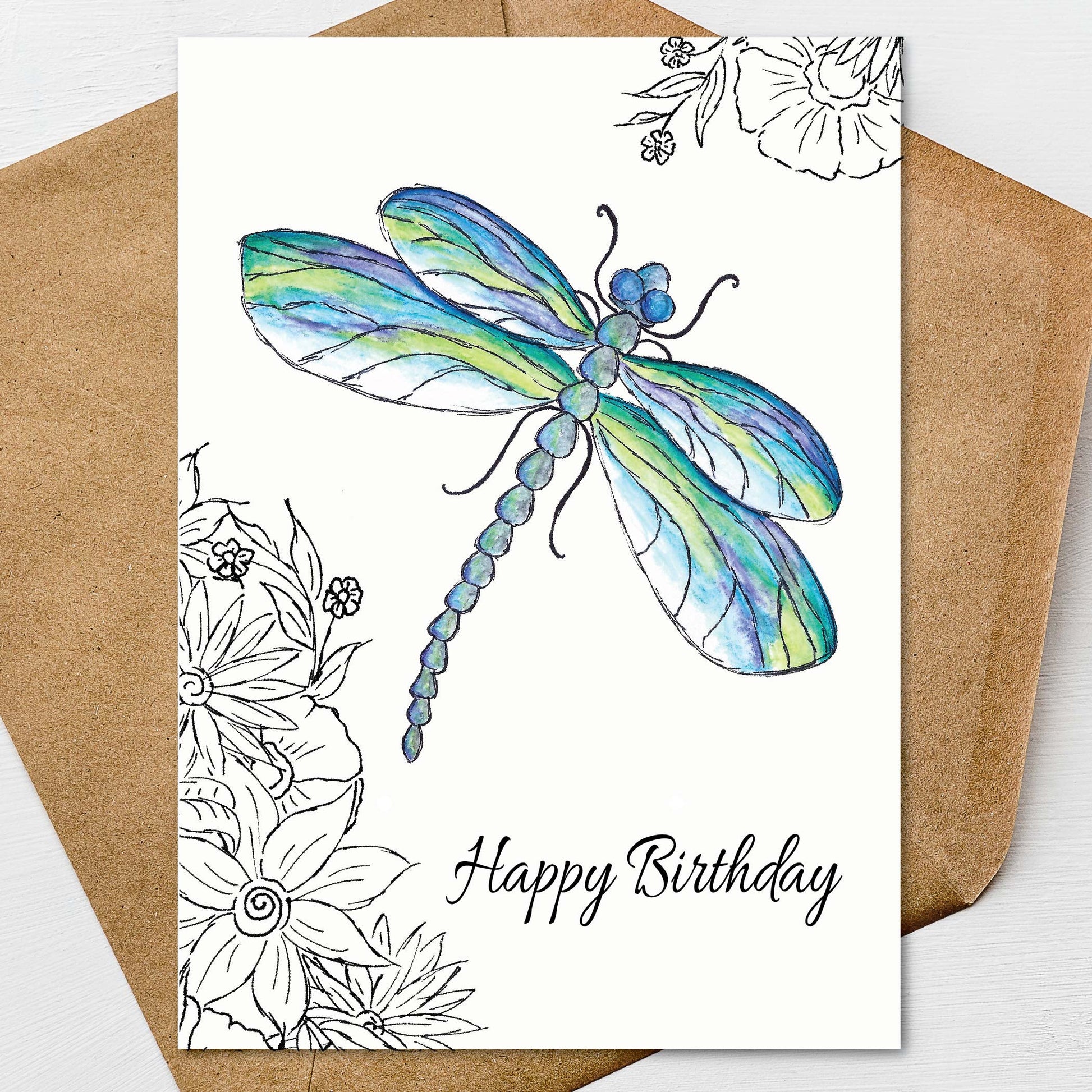 Nature inspired dragonfly birthday card with hand illustrated floral design and birthday greeting