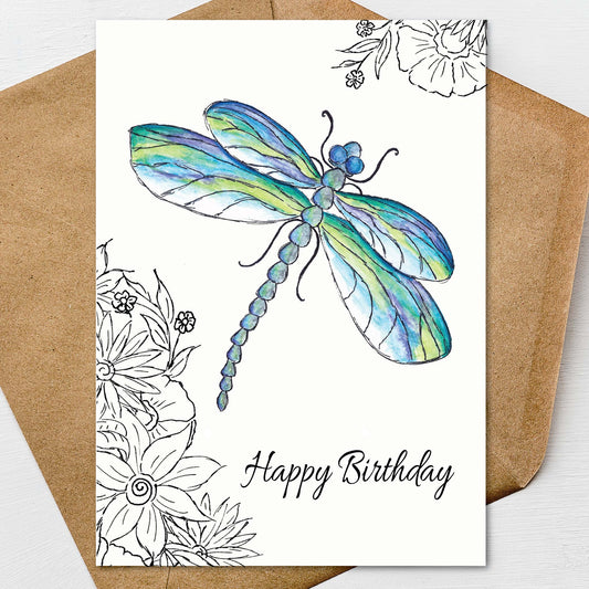 Nature inspired dragonfly birthday card with hand illustrated floral design and birthday greeting