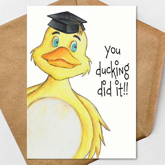 Duck Graduation Card A7 5x7 on Textured Linen | Blank, Standard Greeting, or Personalized