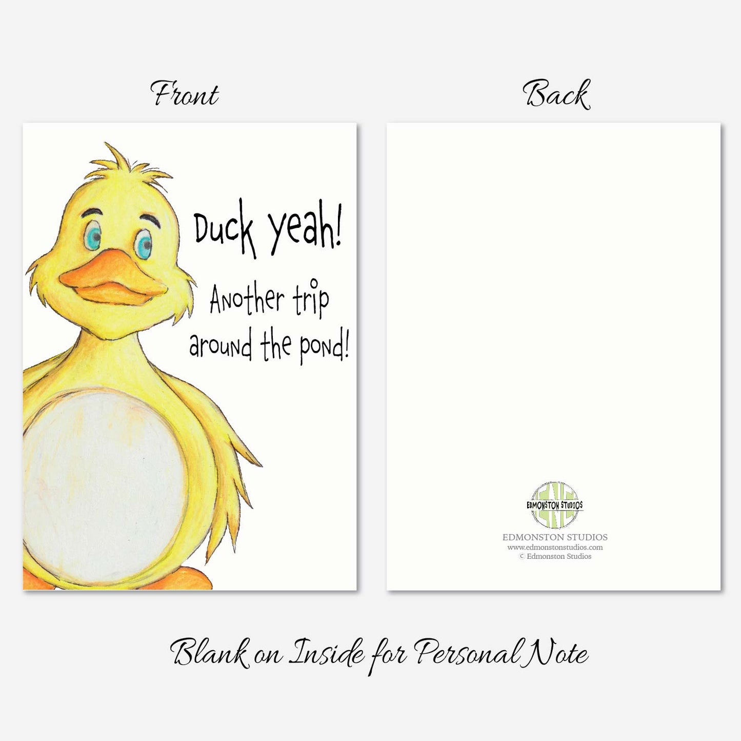 Hand illustrated duck birthday card with “Duck Yeah!” pun and yellow duck design
