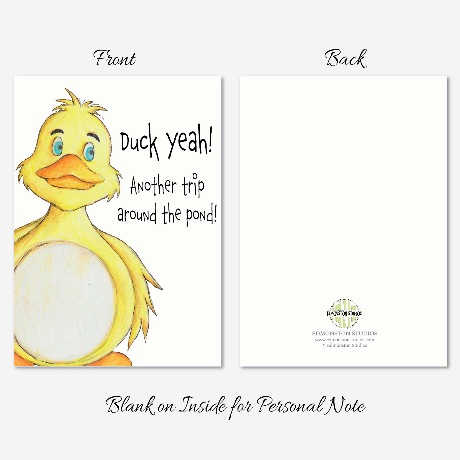Hand illustrated duck birthday card with “Duck Yeah!” pun and yellow duck design
