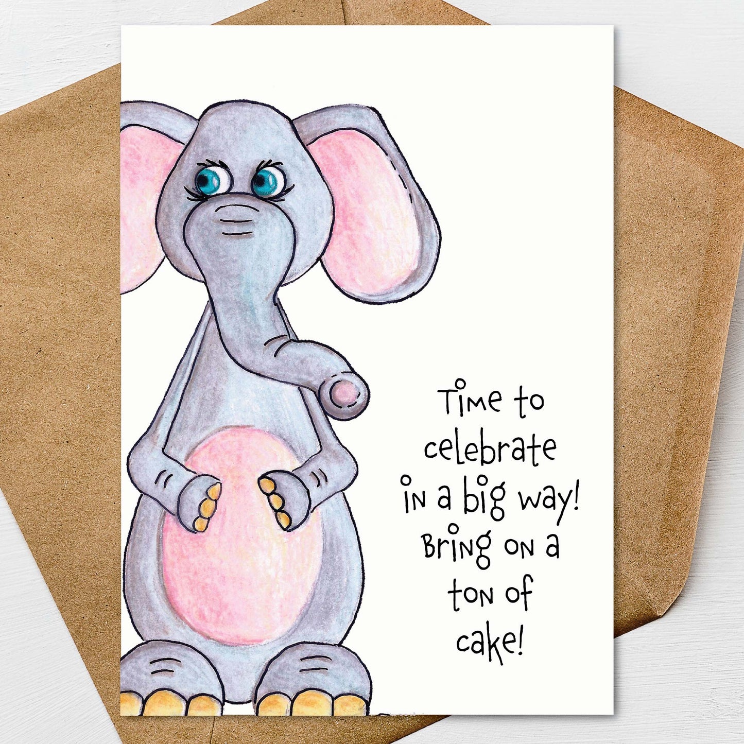 Elephant Birthday Card A7 5x7 on Textured Linen | Blank, Standard Greeting, or Personalized
