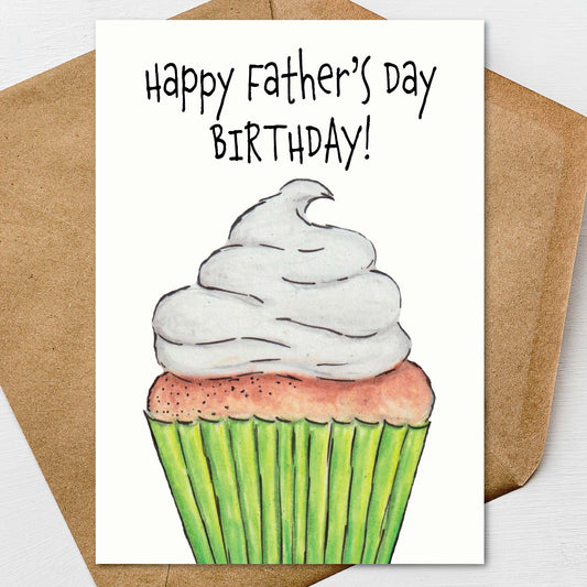 Funny Father’s Day birthday card featuring hand illustrated cupcake artwork and humorous greeting for dads celebrating a birthday and Father’s Day