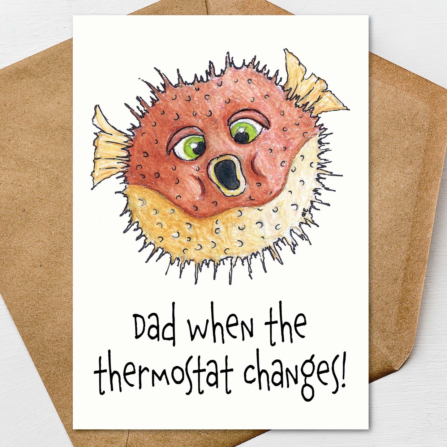 Funny pufferfish Father’s Day card featuring hand illustrated ocean artwork and humorous greeting for dads known for thermostat rules