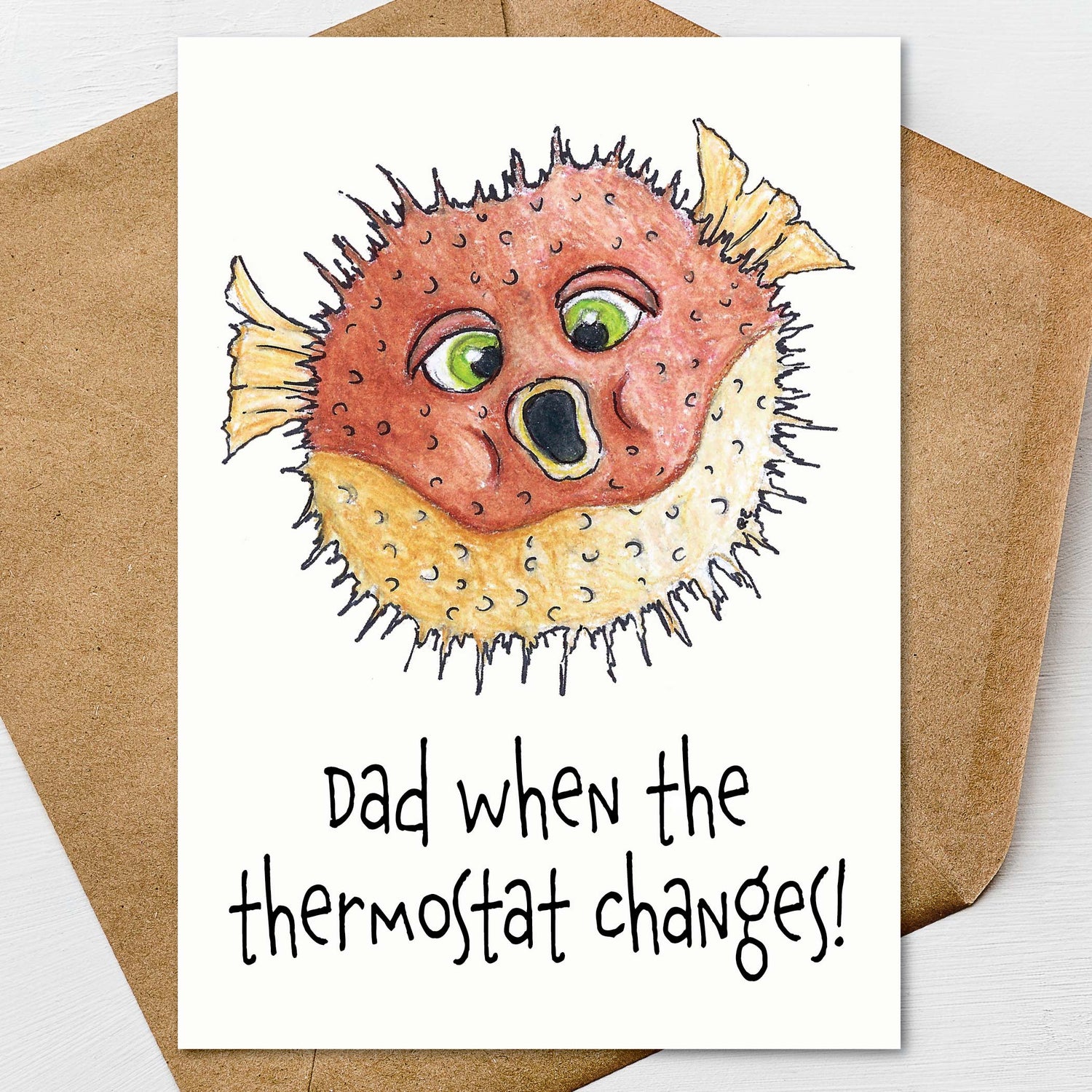 Funny pufferfish Father’s Day card featuring hand illustrated ocean artwork and humorous greeting for dads known for thermostat rules