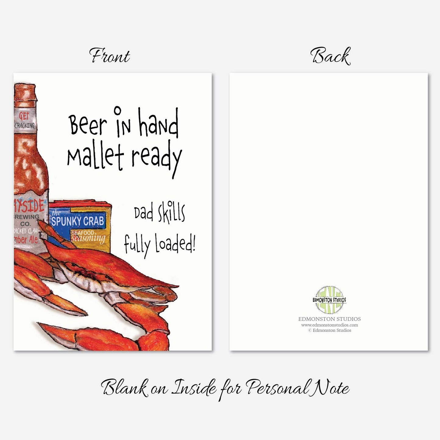 Hand illustrated Maryland blue crab Father’s Day card outside