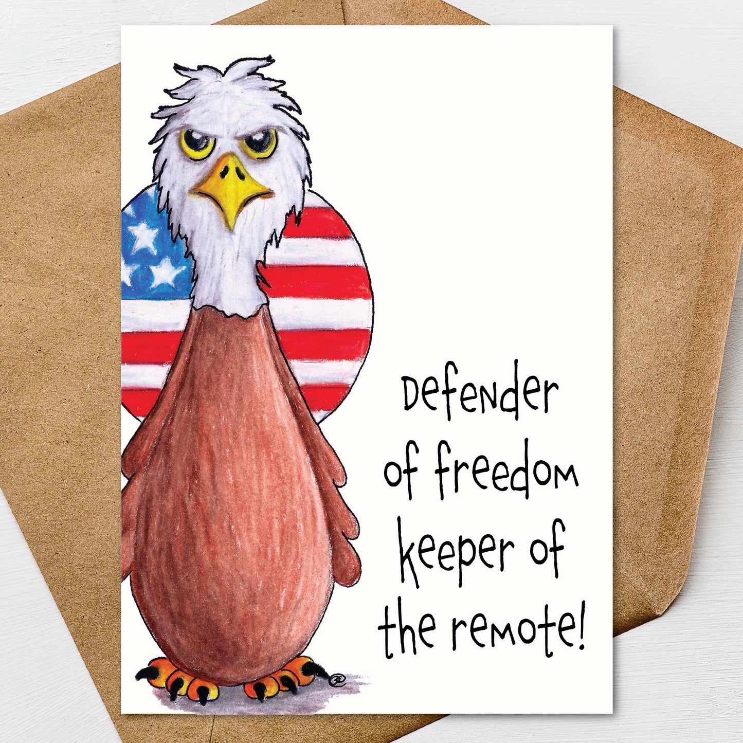 Funny patriotic eagle Father’s Day card featuring hand illustrated artwork and humorous greeting for dads who defend freedom and control the remote