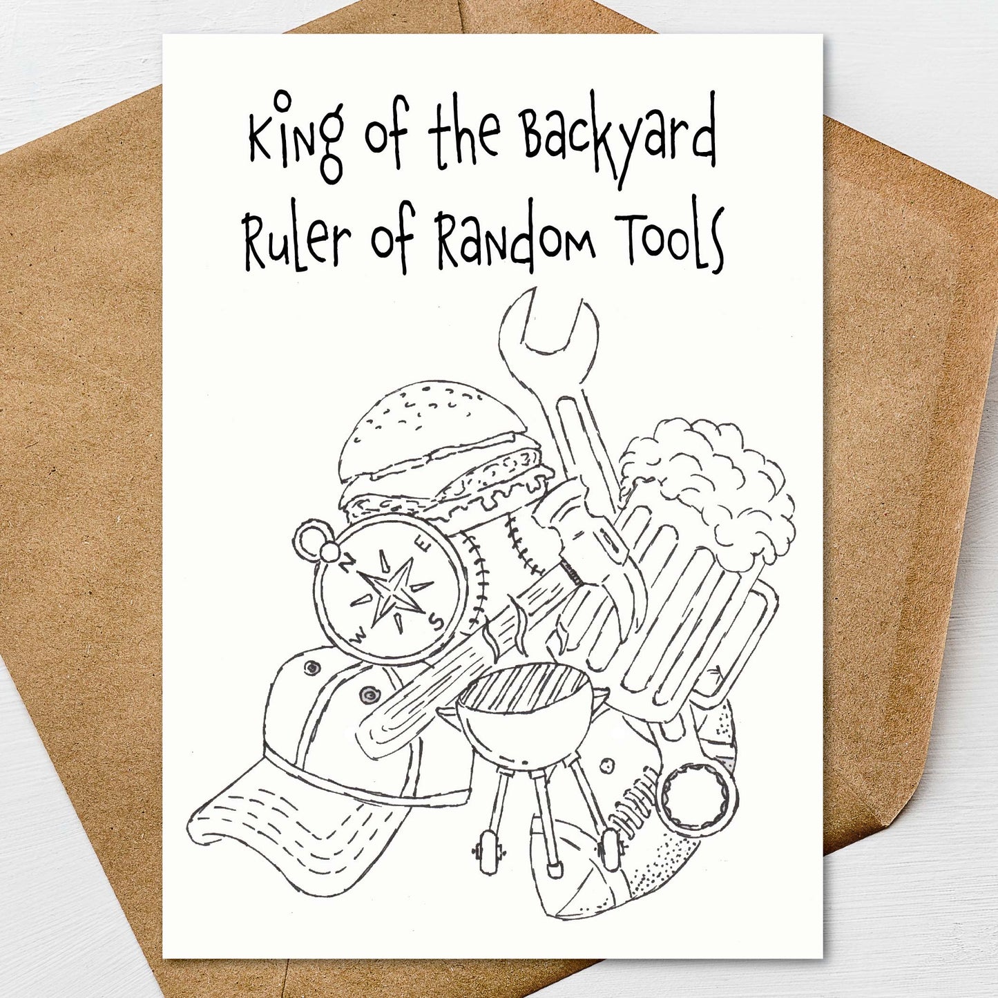 Hand illustrated Father’s Day card with funny backyard humor for dads who rule tools and grilling