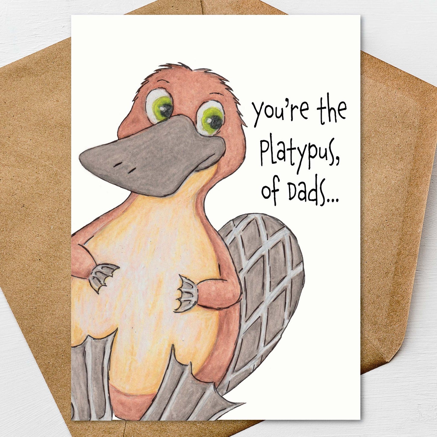 Hand illustrated platypus Father’s Day card with funny animal humor for dad or grandpa