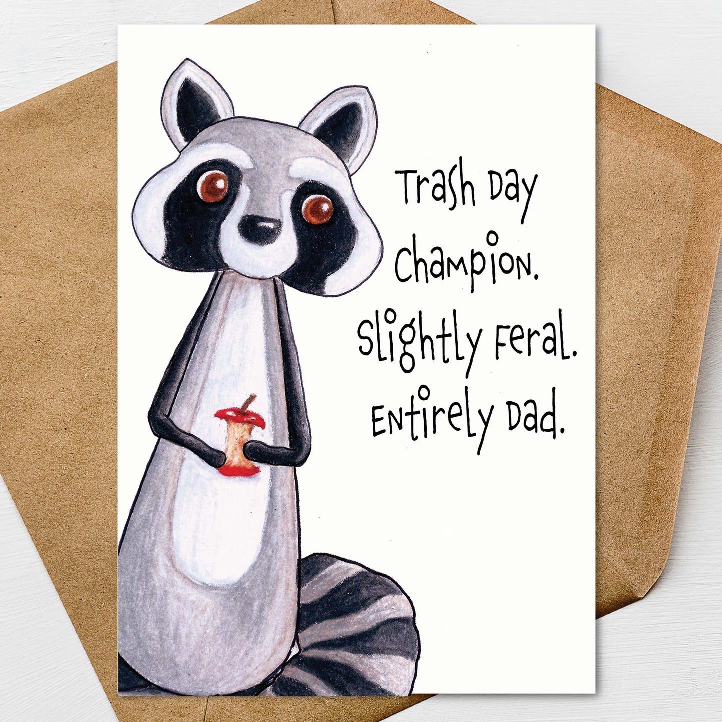 Hand illustrated raccoon Father’s Day card with funny animal humor for dad or grandpa