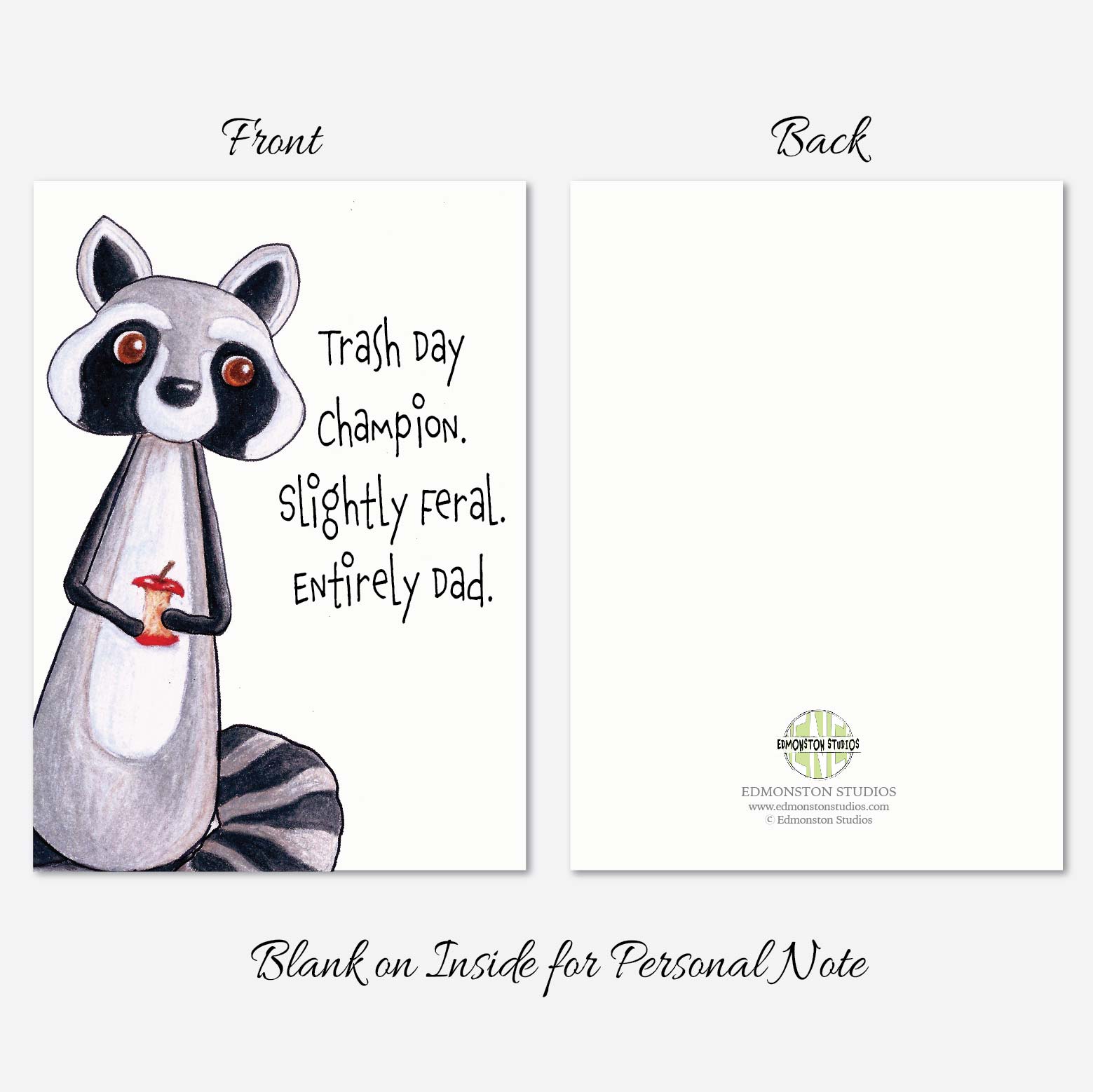 Hand illustrated raccoon Father’s Day card  outside