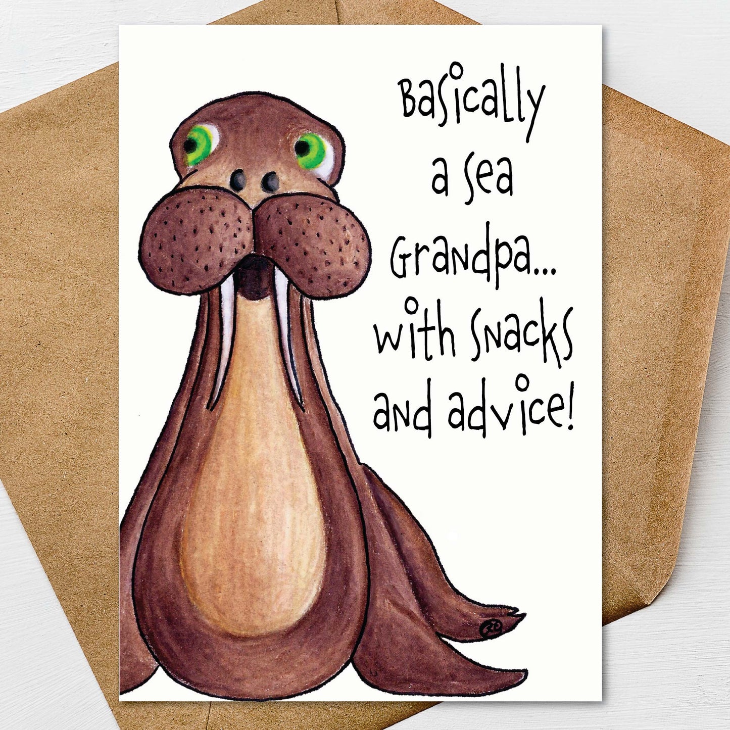 Hand illustrated walrus Father’s Day card with funny animal humor for dad or grandpa