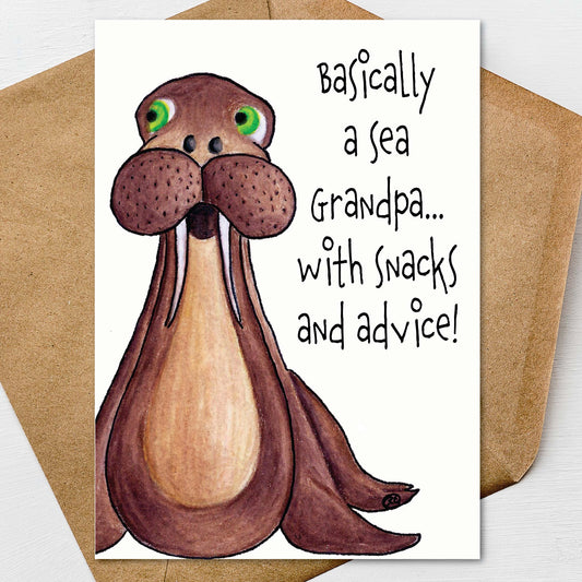 Hand illustrated walrus Father’s Day card with funny animal humor for dad or grandpa