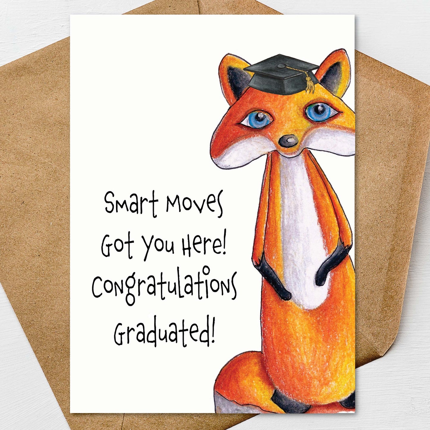 Fox Graduation Card A7 5x7 on Textured Linen | Blank, Standard Greeting, or Personalized