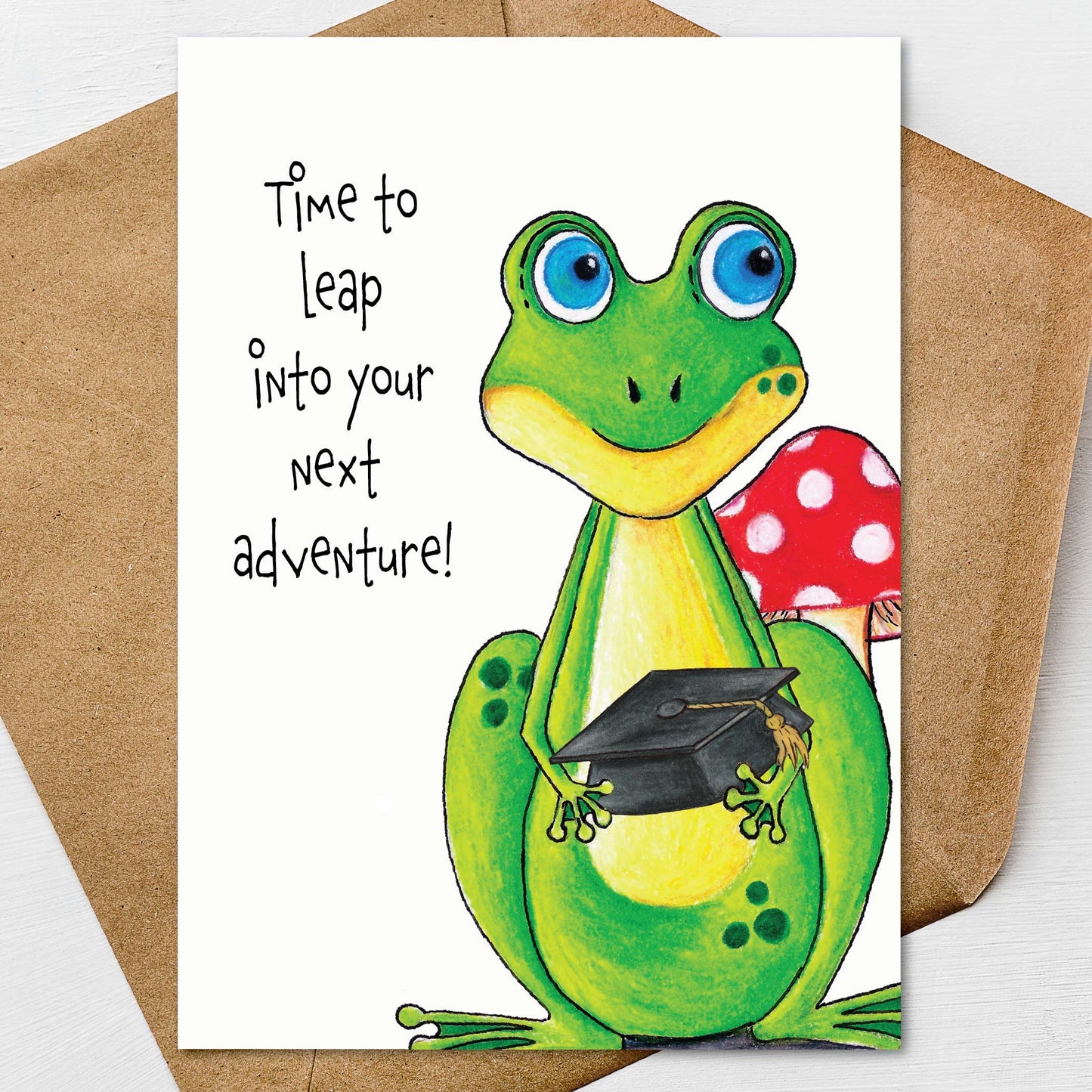 Frog Graduation Card A7 5x7 on Textured Linen | Blank, Standard Greeting, or Personalized