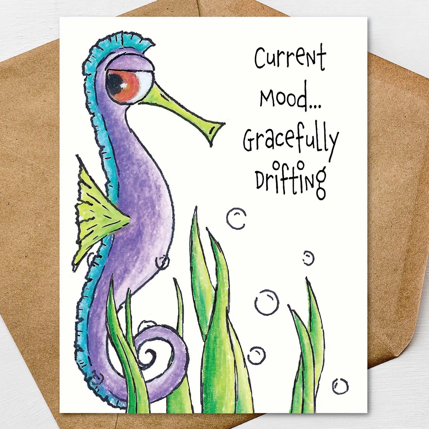 Funny Seahorse Note Card Set | Current Mood Gracefully Drifting | Personalize It | Premium 4.25 x 5.5 Linen