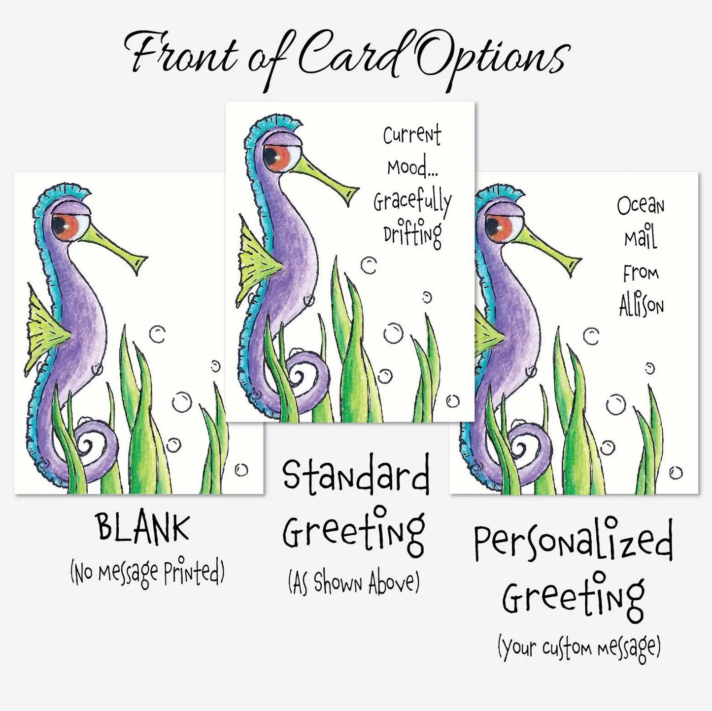 Funny Seahorse Note Card Set | Current Mood Gracefully Drifting | Personalize It | Premium 4.25 x 5.5 Linen