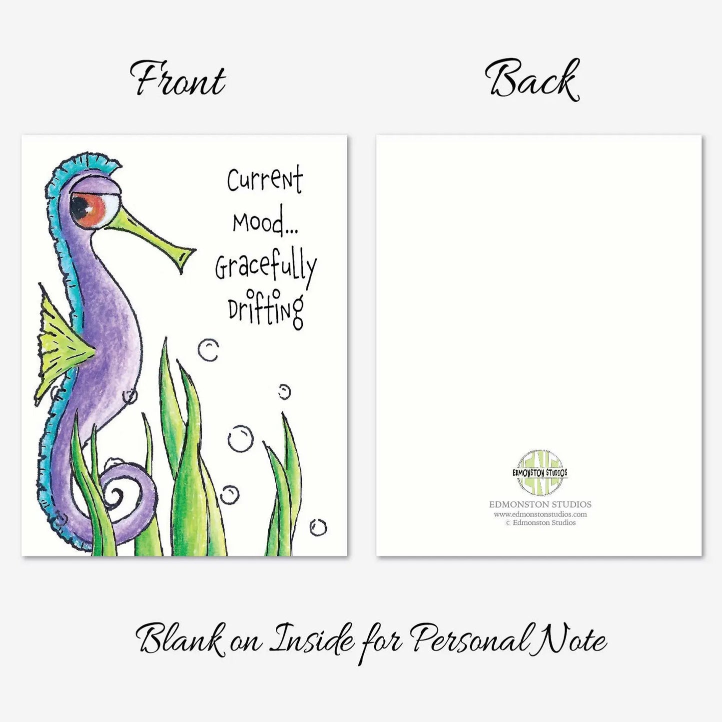 Funny Seahorse Note Card Set | Current Mood Gracefully Drifting | Personalize It | Premium 4.25 x 5.5 Linen