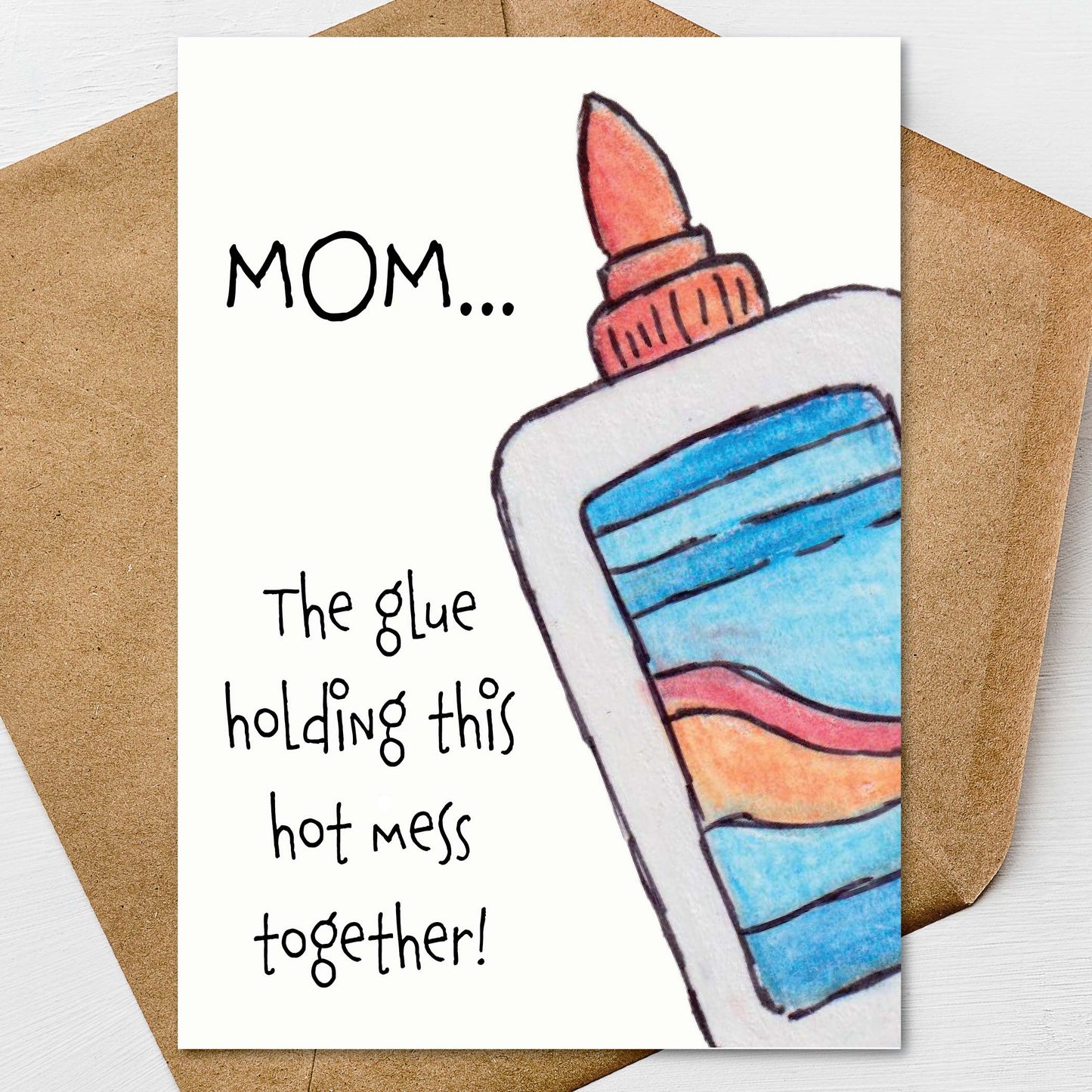 Funny Mother's Day Card, Mom: Holding This Hot Mess Together, A7 5x7 on Textured Linen | Blank, Standard Greeting, or Personalized