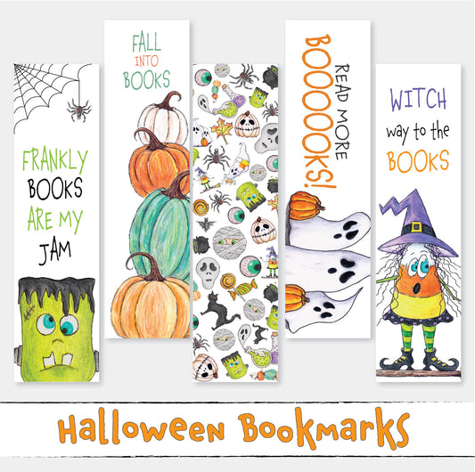 Printable Halloween Bookmark Set, Set of 5, Funny Cute Classroom Bookmarks for Kids, Gifts for Readers Digital Instant Download