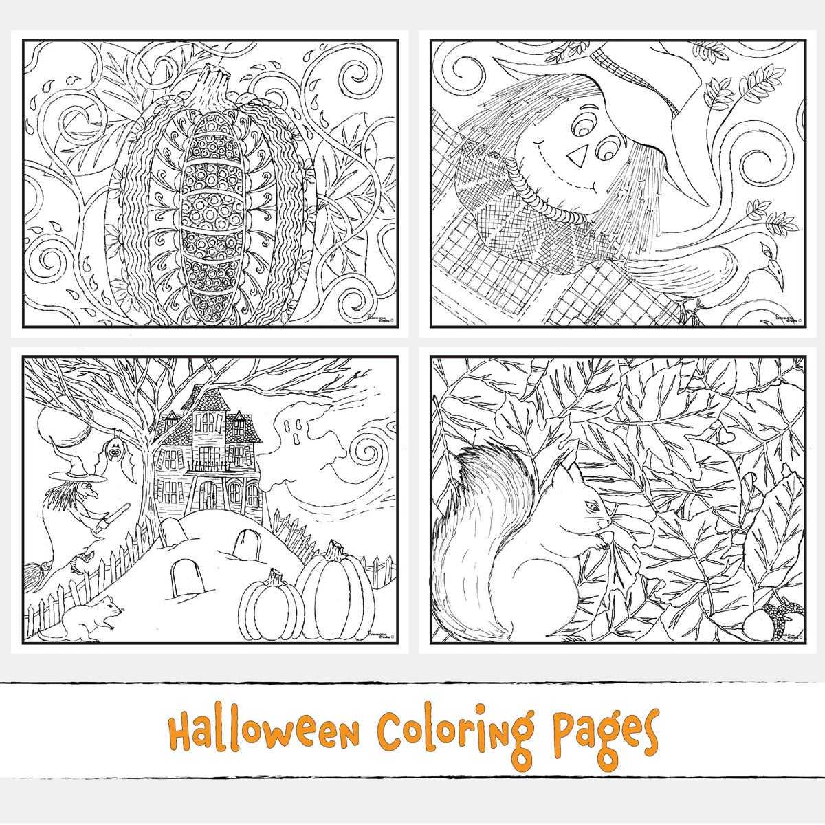 HALLOWEEN Coloring Pages, 4 Coloring Sheets, Printable, Hand Illustrated, Instant Download