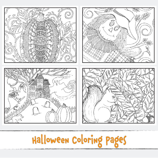 HALLOWEEN Coloring Pages, 4 Coloring Sheets, Printable, Hand Illustrated, Instant Download