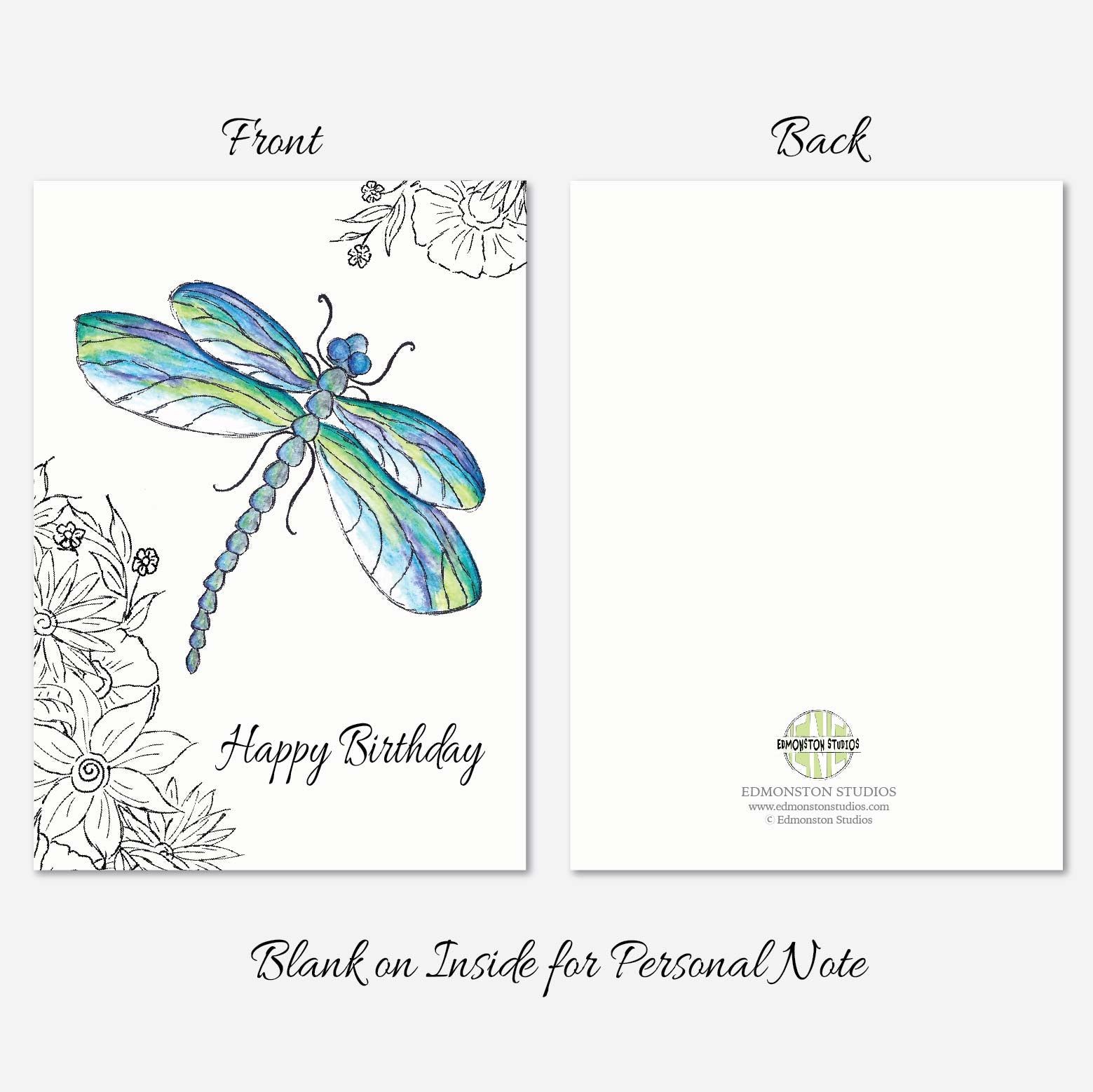 Nature inspired dragonfly birthday card with hand illustrated floral design and birthday greeting