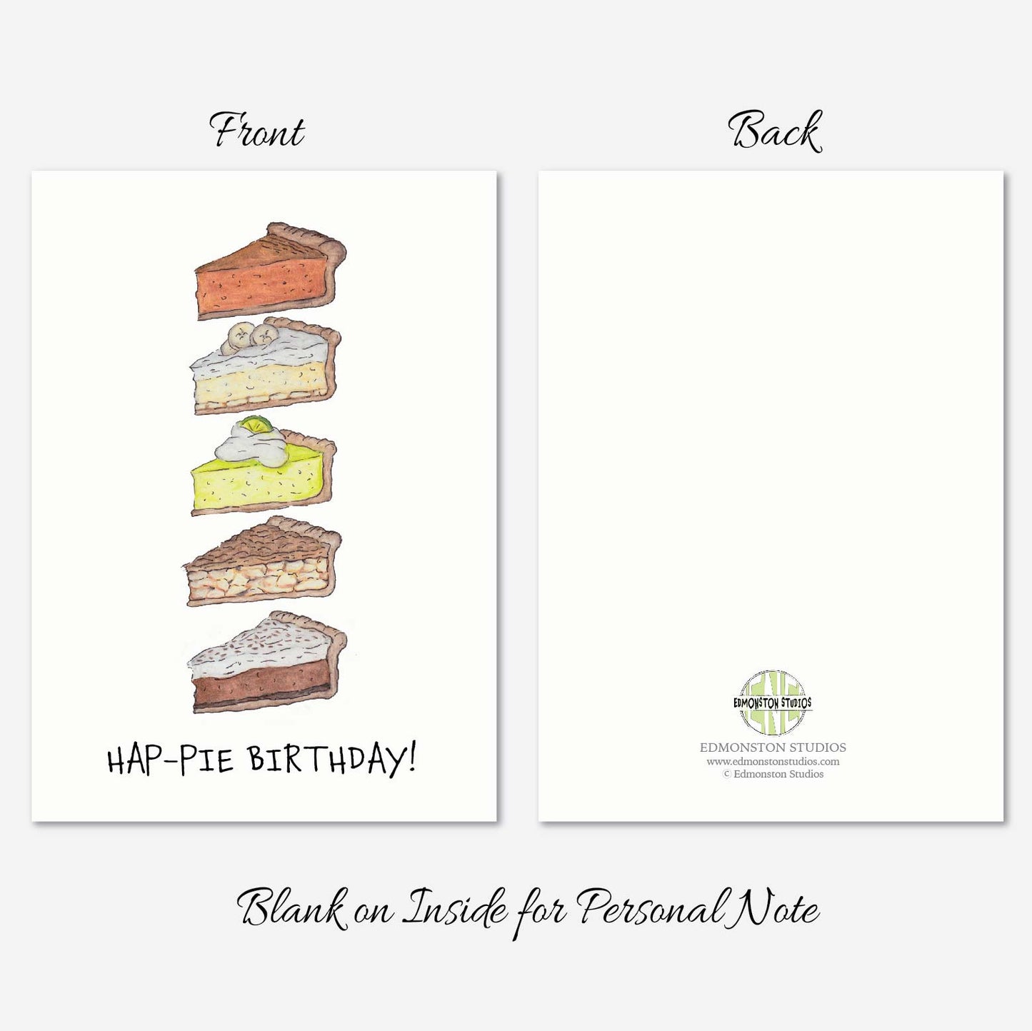 Hand illustrated pie birthday card with 4 Different Slices of Pie and Hap-Pie Birthday pun